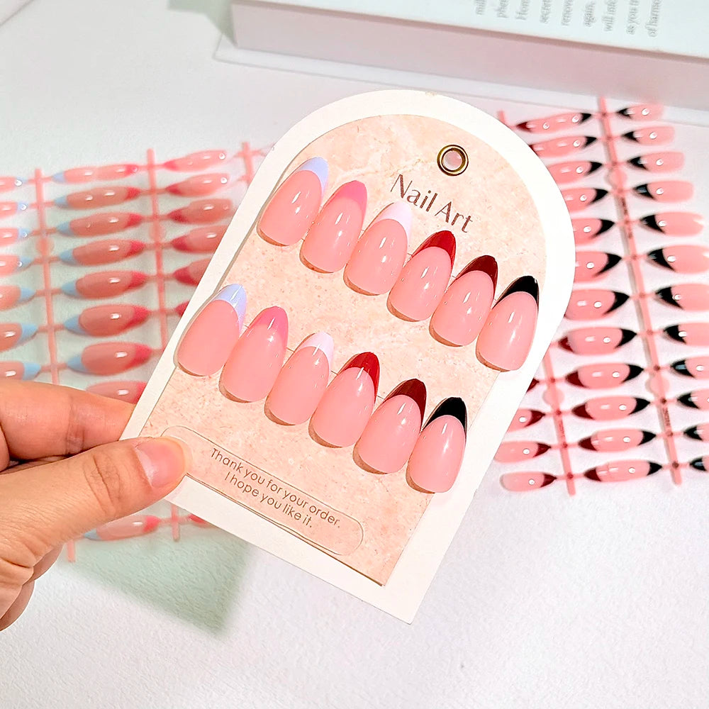 144Pcs White/Black/Red French False Nails for Women Mid-length Almond Press on Nails Acrylic Full Cover Oval Fake Nail Tips