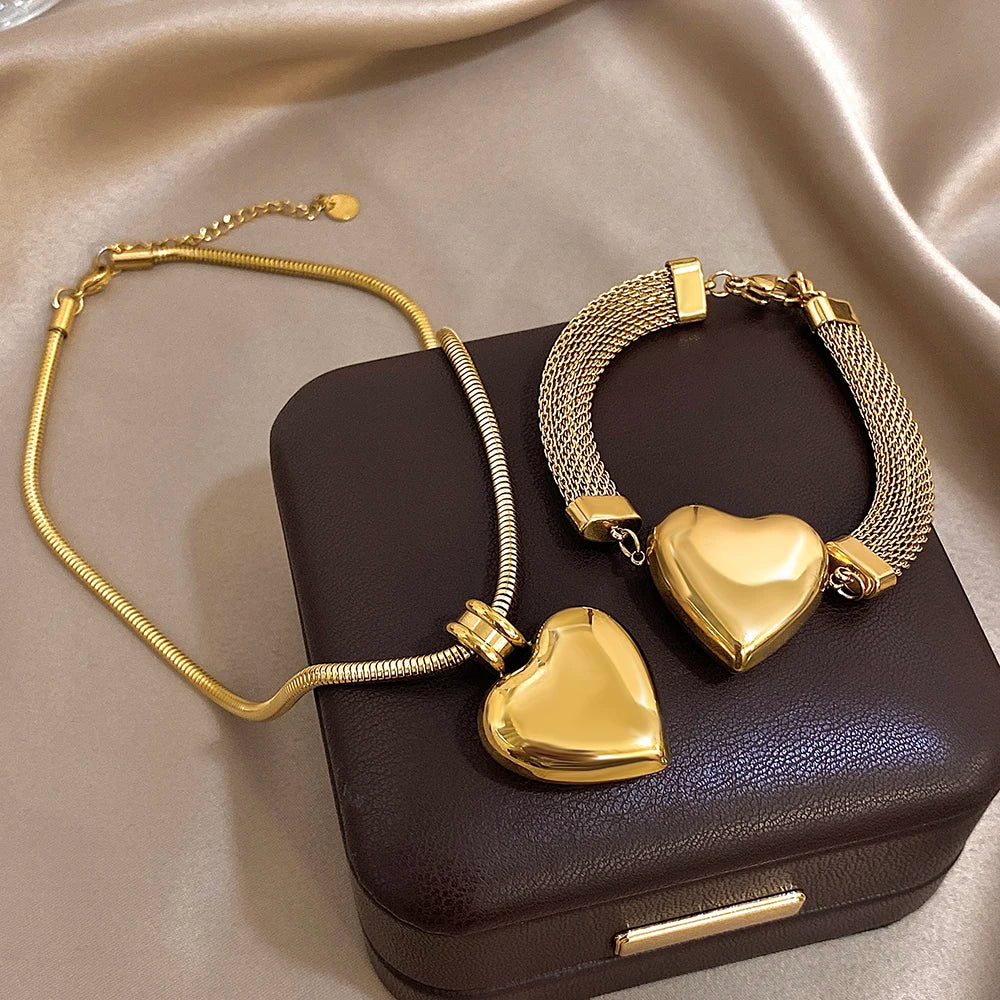 Punk Chunky Women's Set Jewelry Gold Color Thick Chain Heart Pendant Stainless Steel Necklace Bracelets Set Fashion Jewelry