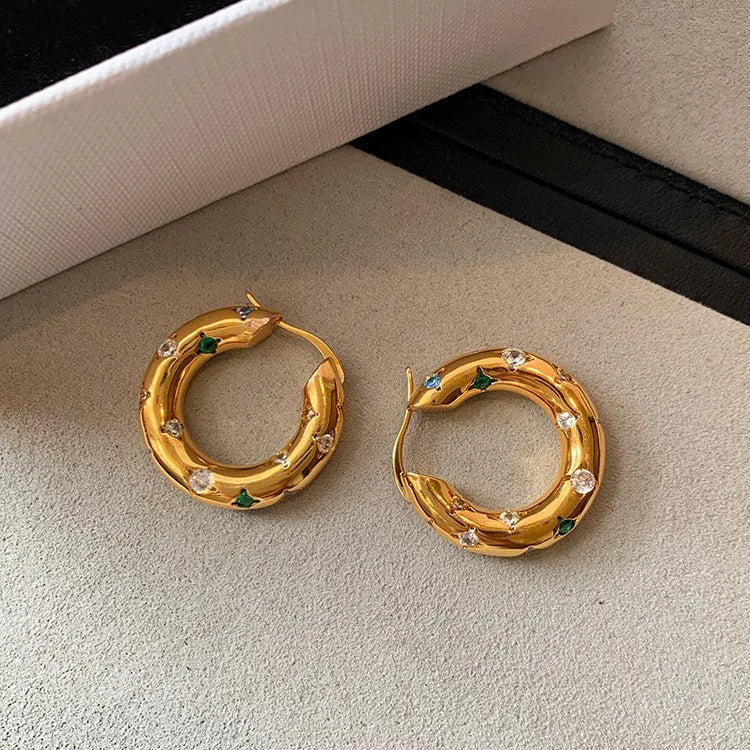 Trendy Gold Color Crystal Stainless Steel Round Earrings For Women Imitation Pearl Metal Earring Party Everyday Jewelry