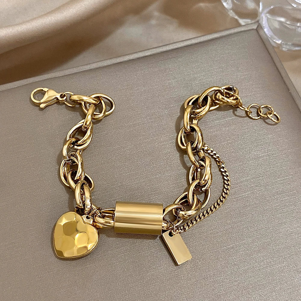 Women's Set Jewelry Stainless Steel Golden Thick Chain Heart Love Pendant Stainless Steel Necklace Bracelets Set Fashion Jewelry
