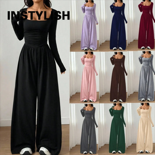 Women Square Neck Jumpsuit Casual Long Sleeve High Waist Wide Leg Pants One Piece Romper Elegant Solid Loose Overalls Outfit