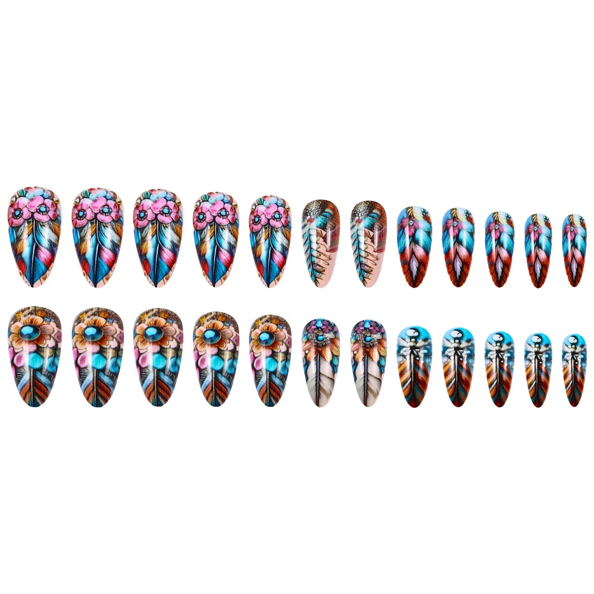 24pcs/set medium long fake nails square ballet nail tips glitters starry sky moon star feather design press on false nail art