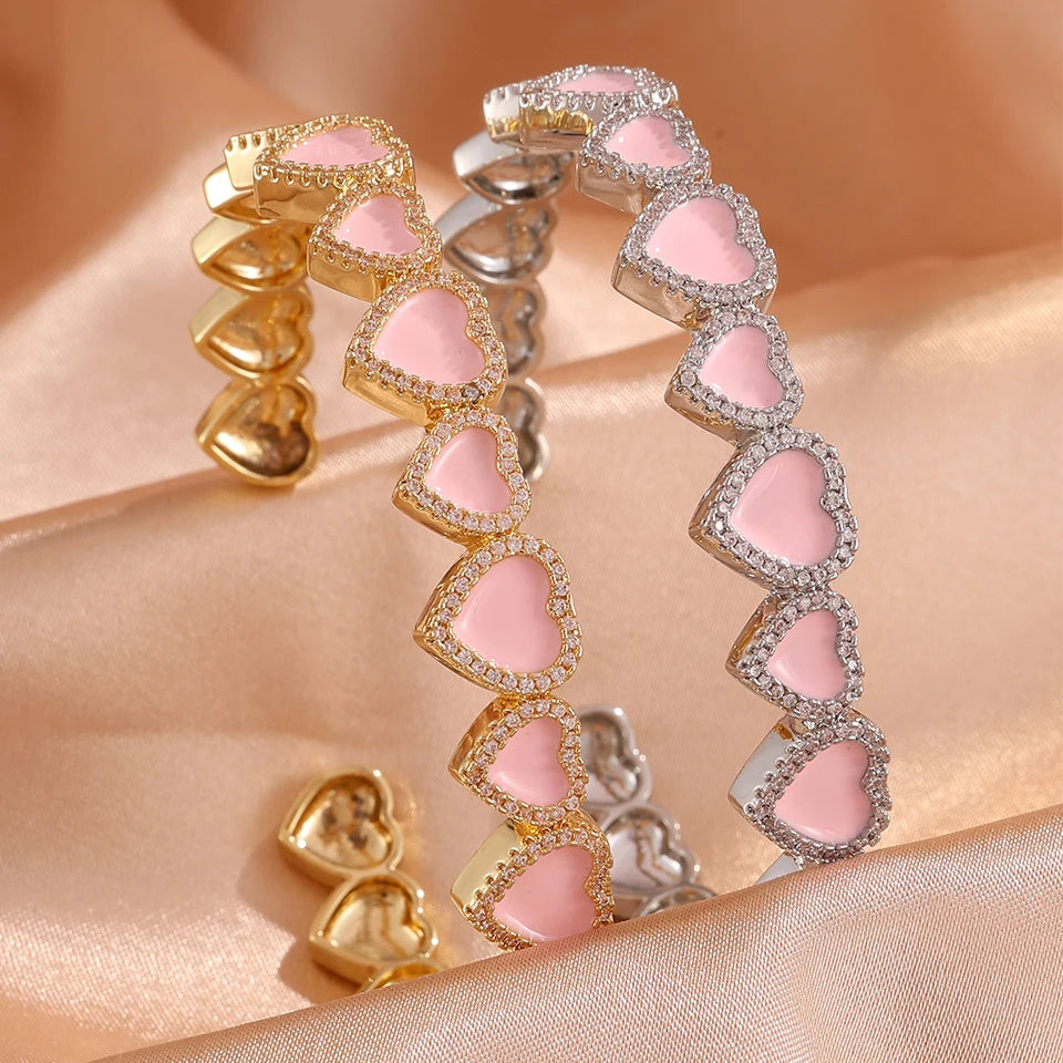 ZAKOL Sweet Fashion Pink Heart Cz Stacking Bracelets for Women Girls Shiny Cubic Zirconia Cuff Bracelet Bangles Jewelry Gift