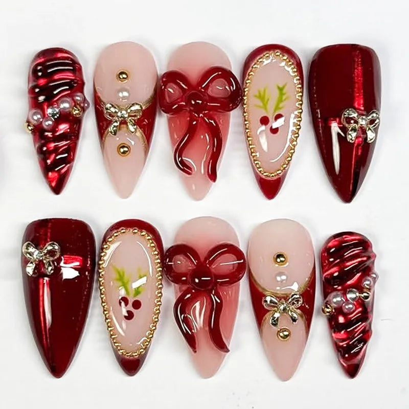 24Pcs Y2k Almond Acrylic Nails Full Cover 3D Diamond Black Nail Art Sweet Cool French Wearable Fake Nail Manicure Tips for Girls