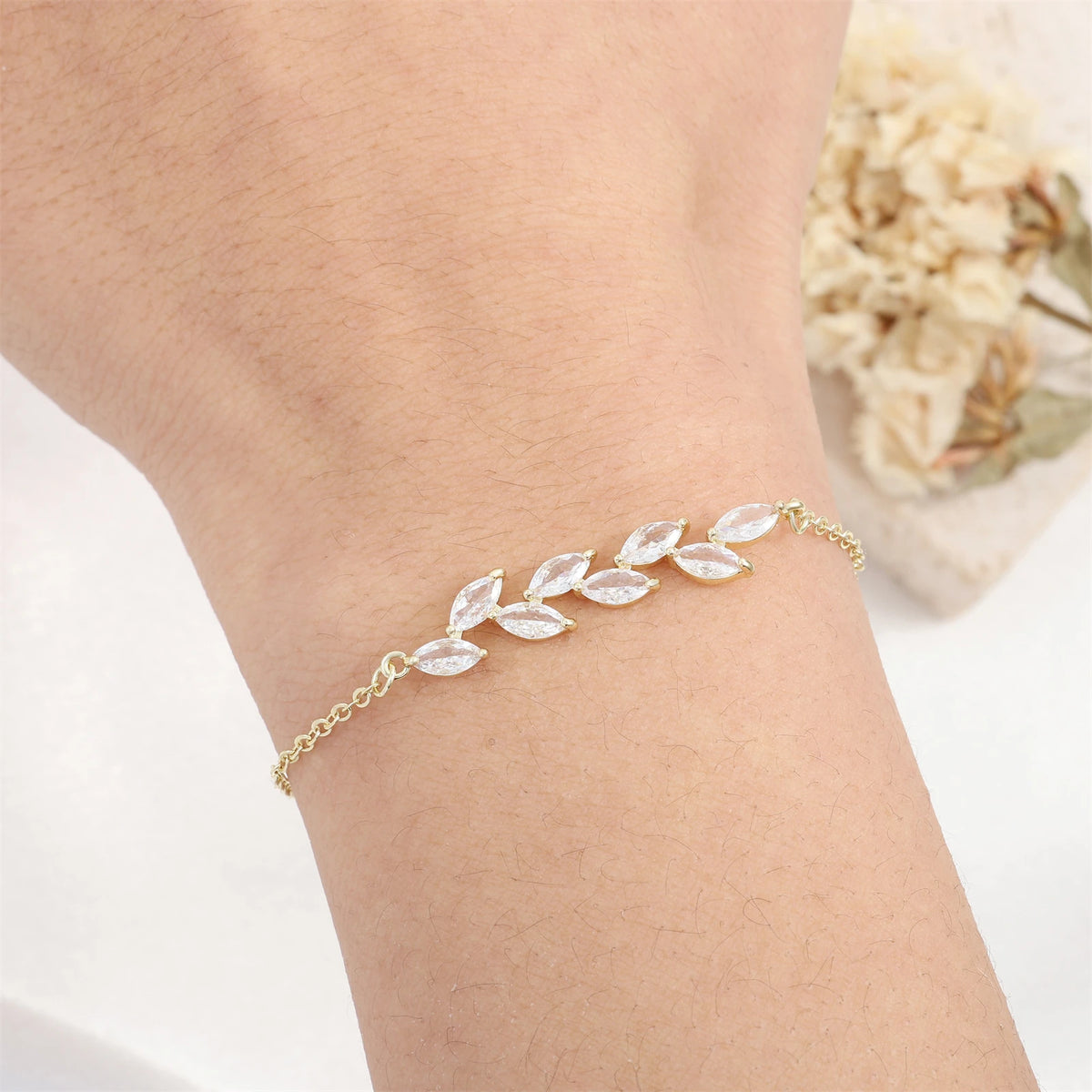 ZAKOL Exquisite Leaf Cubic Zirconia Charm Chain & Link Bracelets for Women Girls Three Colors Bridal Wedding Jewelry