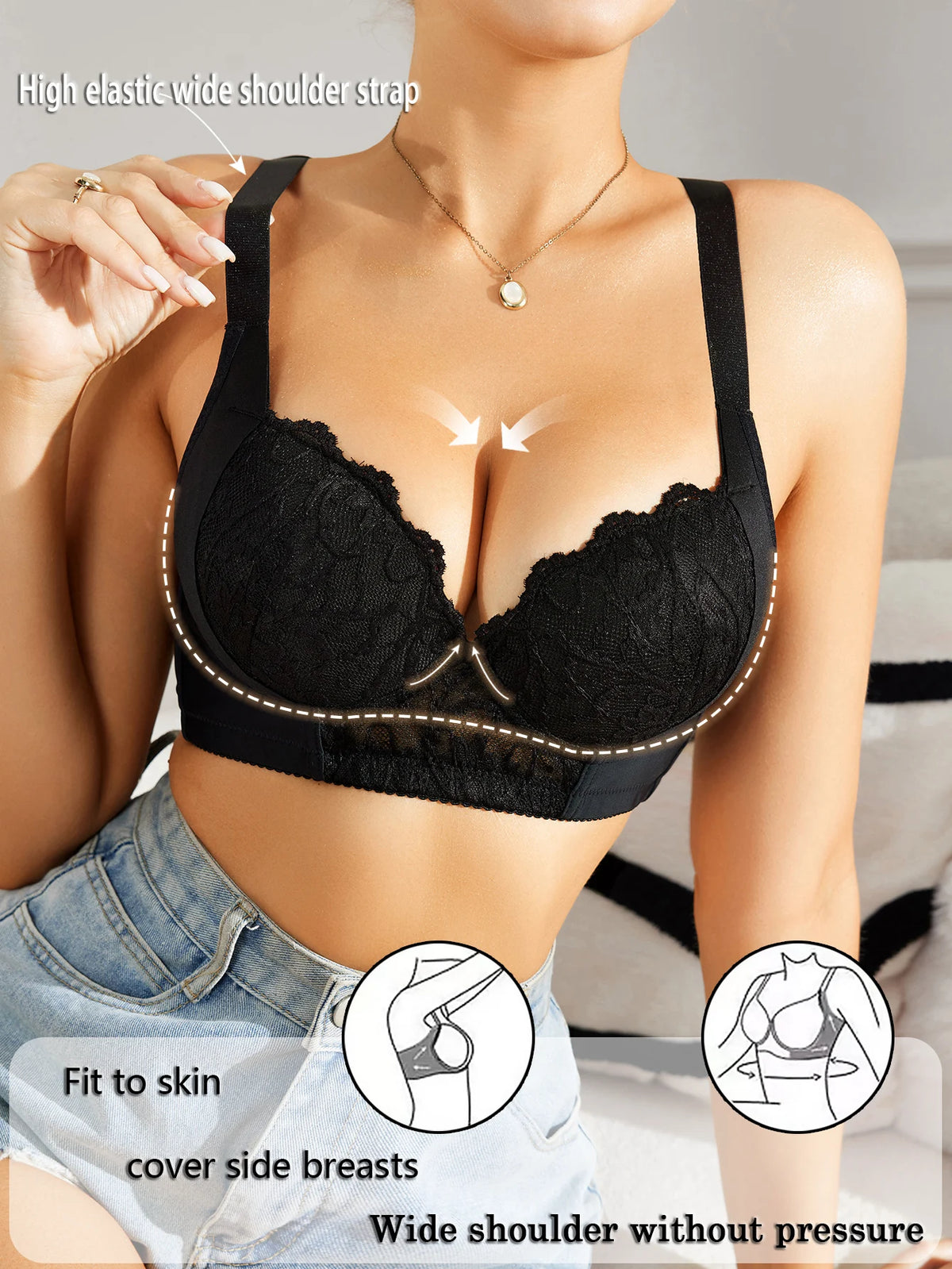 Floral Lace Women Bra Side-Breast-Enhancing Underwear with Underwire Minimizer Comfortable Wide Straps Intimates Bra