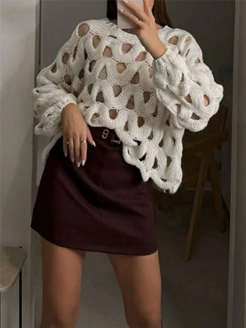 BKLD Ladies' Casual Solid Color Leisure Vacation Beach Hollow Out Crochet Long Sleeve Sweater Pullovers Knitted Tops Women