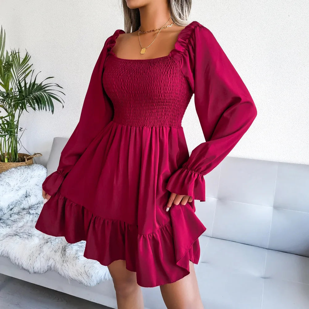 Spring Summer Casual Solid Color Square Neck Flared Long Sleeve Ruffled Dress Red Orange Green Black 2026 Fashion Woman Clothing
