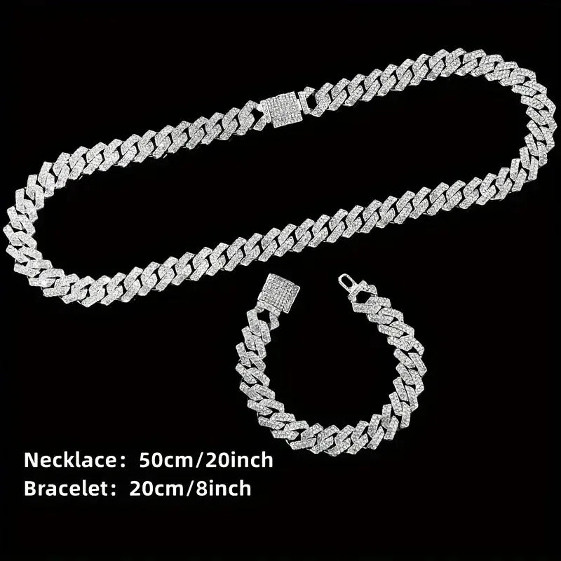 4PCS Fashion Iced Out Square Men Watch Cuban Chain Bracelet Necklaces Set Luxury Diamond Quartz Wristwatch Jewelry（Without Box）