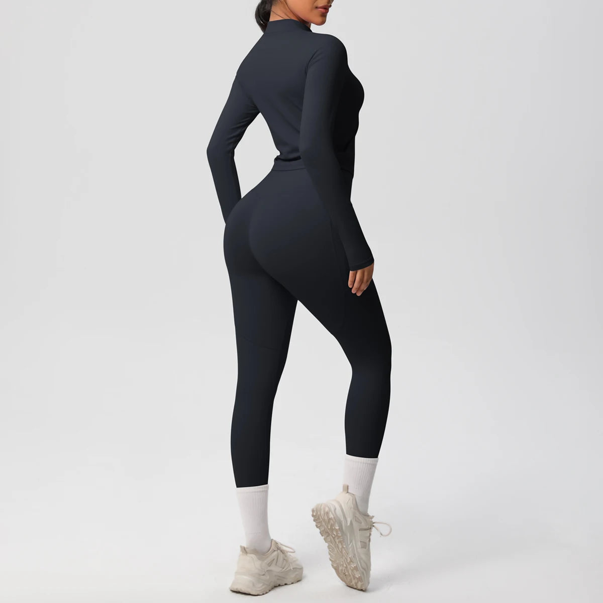 2PCS Yoga Suit Women Gym Set Leggings With Pocketed Women Tracksuit Running Zipper Workout Sportswear Long Sleeve Sports Shirt