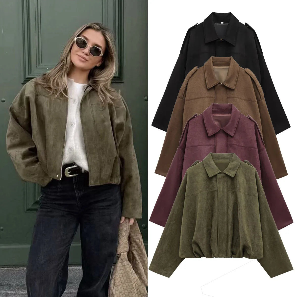Vintage Suede Texture Bomber Jackets Women's Long Sleeve Loose Coats New Causal Autumn Winter Female Outerwear