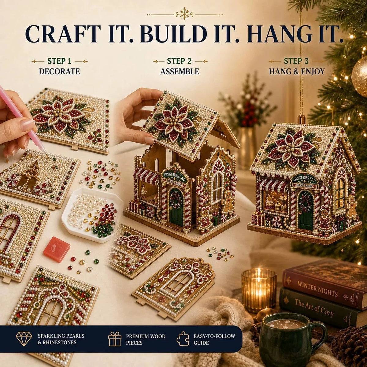 DIY 3D Wooden Diamond Painting Kit, Assemblable Christmas Cabin Hanging Ornament with Full Tools for Window Home Indoor Decor
