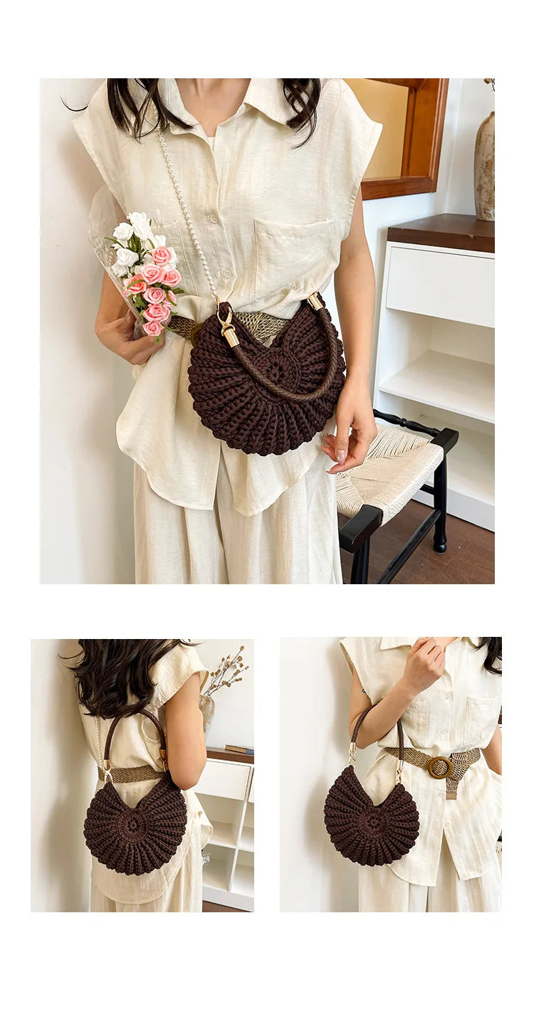 Handcrafted Shell Shaped Crossbody Bag Women's Beach Style Handbag City Simple Cotton Liner Soft round Shape Double Shoulder ...