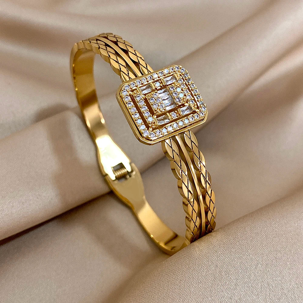 Flashbuy New Design Cubic Zircon Stainless Steel Bangles Bracelets for Women Geometric Gold Color Waterproof Fashion Jewelry