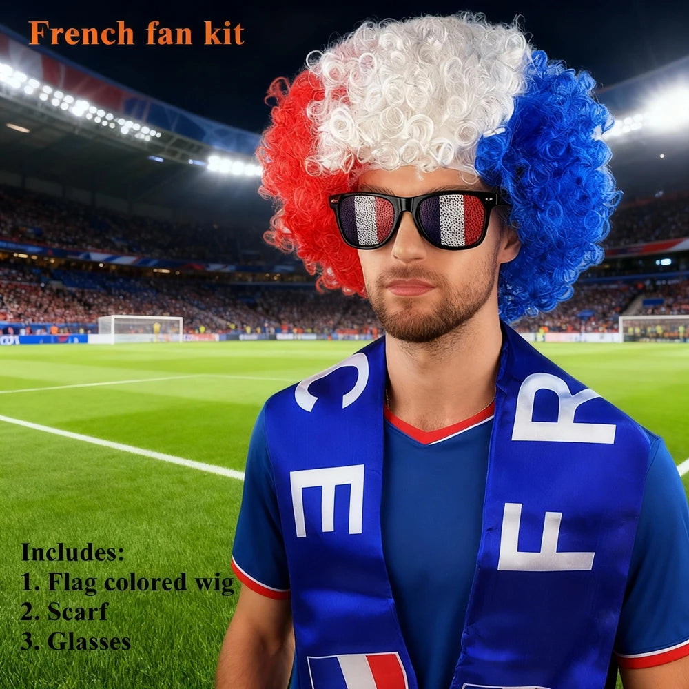 National Flag Color Explosion Wig Set - طقم باروكة مشجعين بألوان الأعلام مع وشاح ونظارات