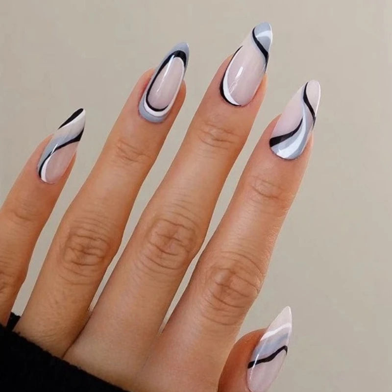 24Pcs Purple Heart Almond False Nails Artificial Simple with Glue French Wearable Fake Nails Full Cover Press on Nails Tips Art