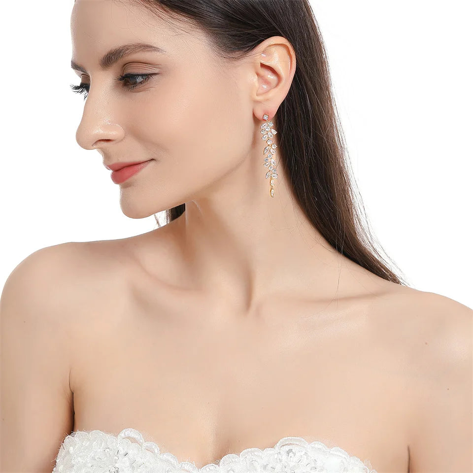 ZAKOL Fashion Cubic Zirconia Leaf Long Dangle Earrings for Elegant Women White Leaves Drop Earring Bridal Wedding Jewelry
