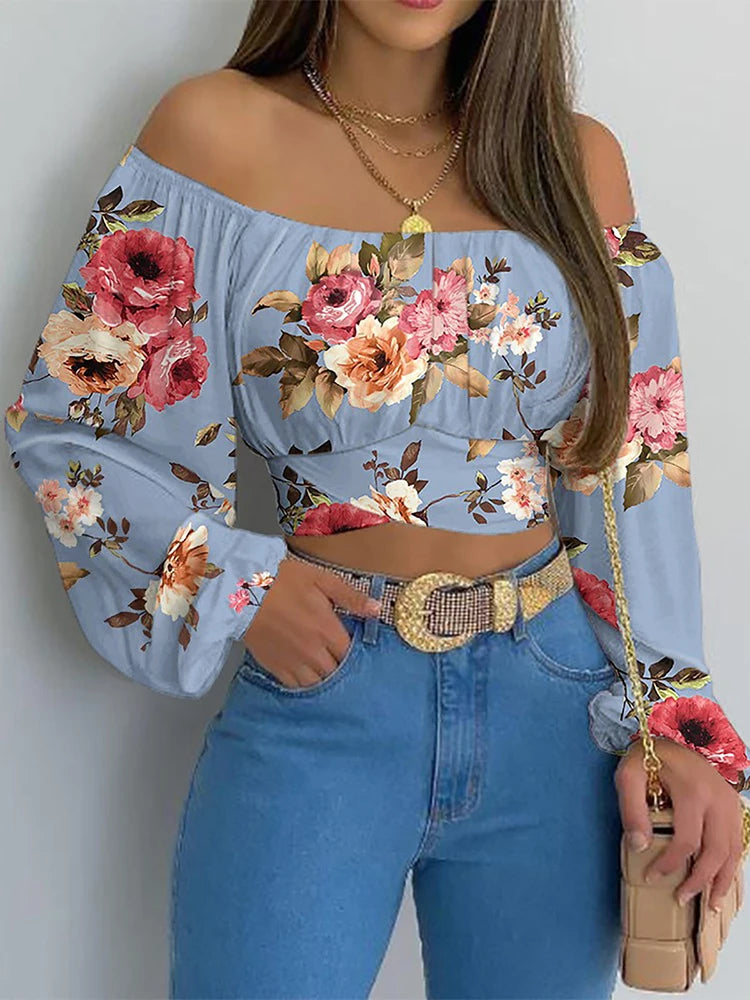 Women Elegant Boho Print Blouse Casual Long Lantern Sleeve Off Shoulder Slim Shirt Female Chic Cropped Top Summer Tunics