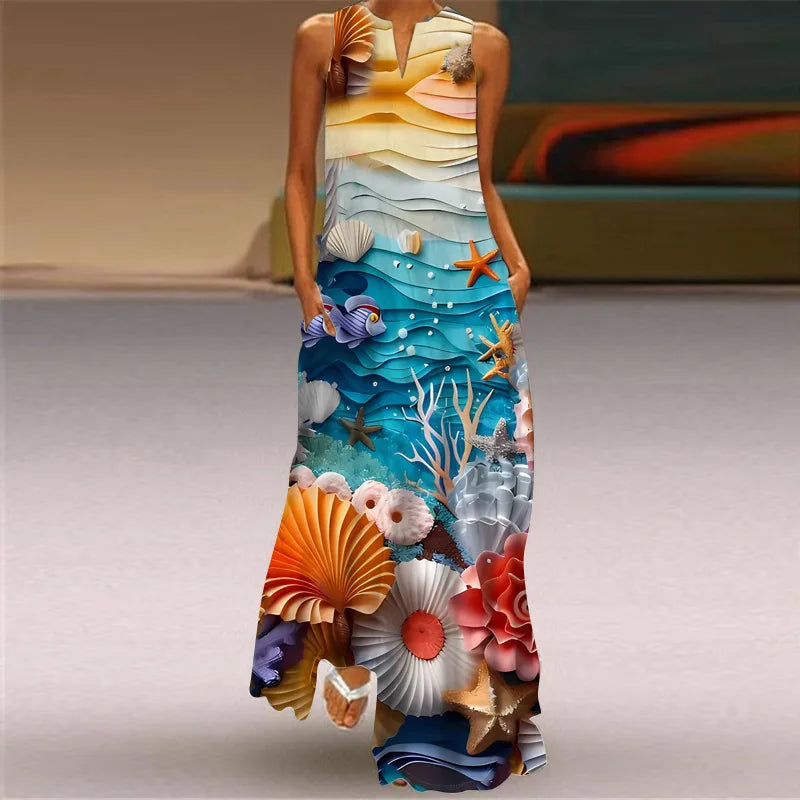 Summer Retro V-Neck Sleeveless Maxi Dress – Loose Artistic Print