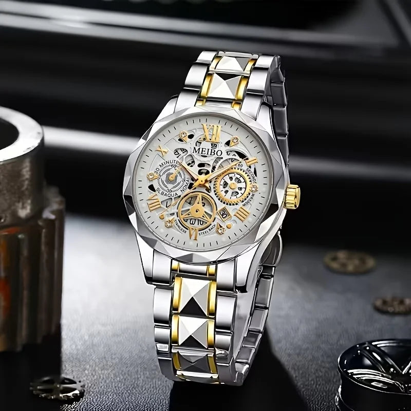 Fashion Skeleton Dial Men Business Watches Luxury Stainless Steel Calendar Quartz Wristwatch Relogio Masculino (Without Box）