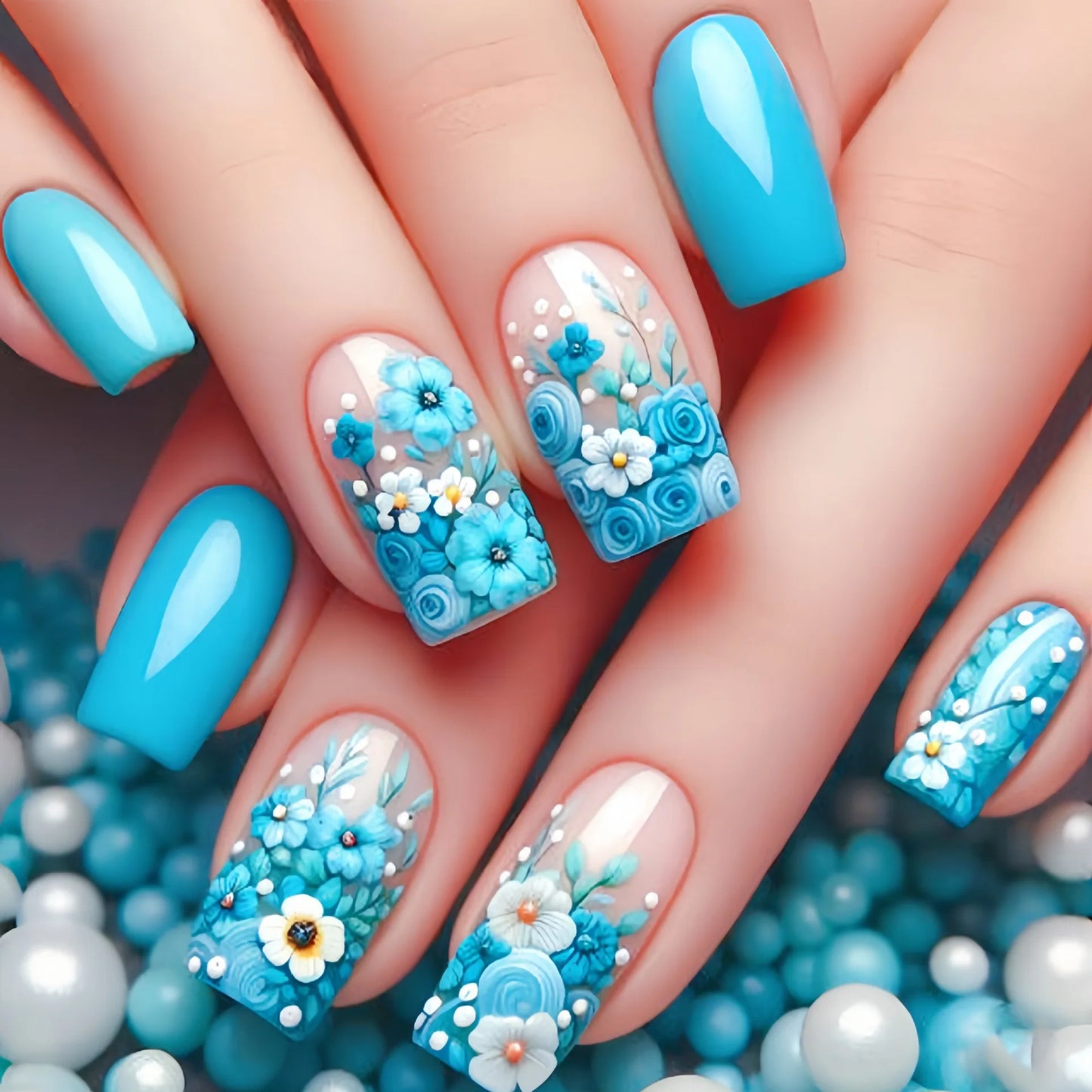 24pcs Short Square Press on Nails Jade Flower Sparkling Powder Designs Fake Nails with Glue Green Gradient Full Cover Nail Tips
