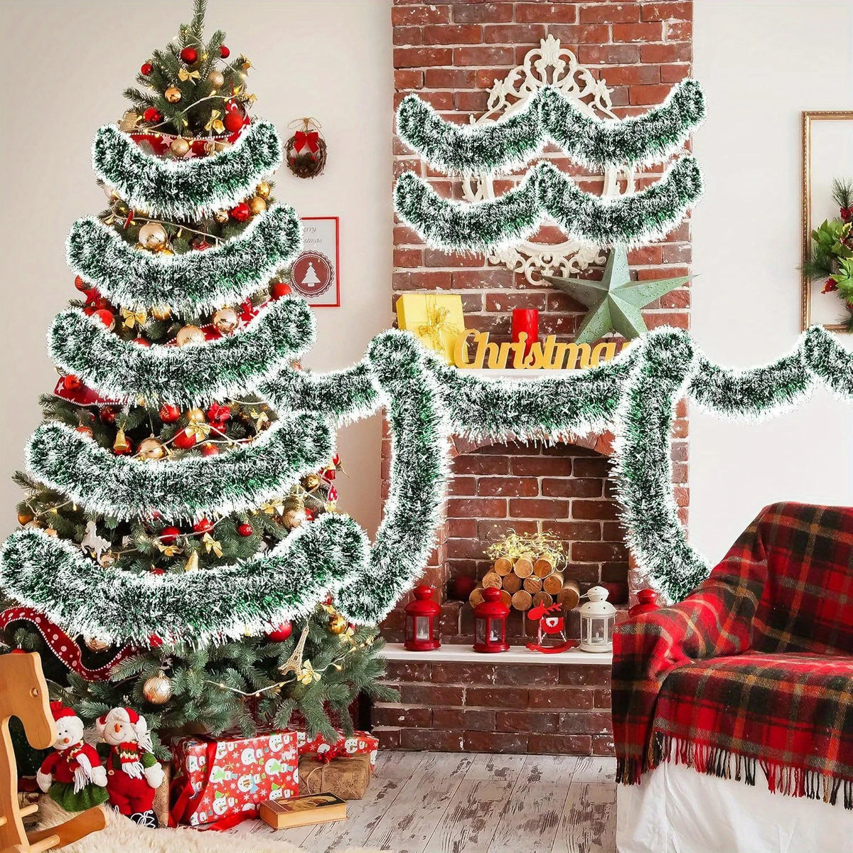 6m Classic Christmas Tinsel Garlands Green & Silvery Glitter, No Power Needed, Perfect for Xmas Tree Decorations
