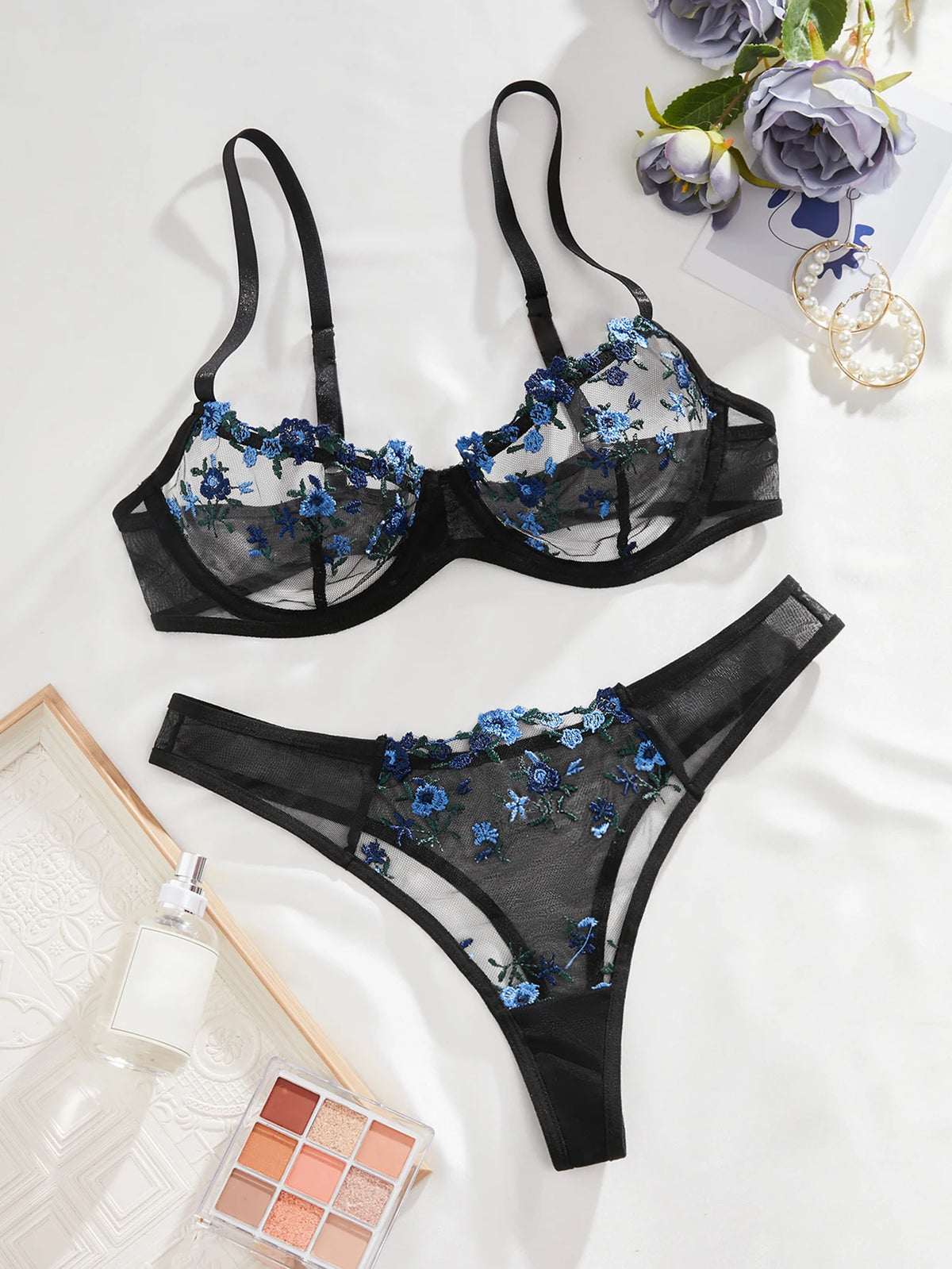 Black and Blue Floral Embroidery Bra Set Women's Half Cup Underwear Thin Breathable Thong 2-Piece Set Valentine's Day Gift