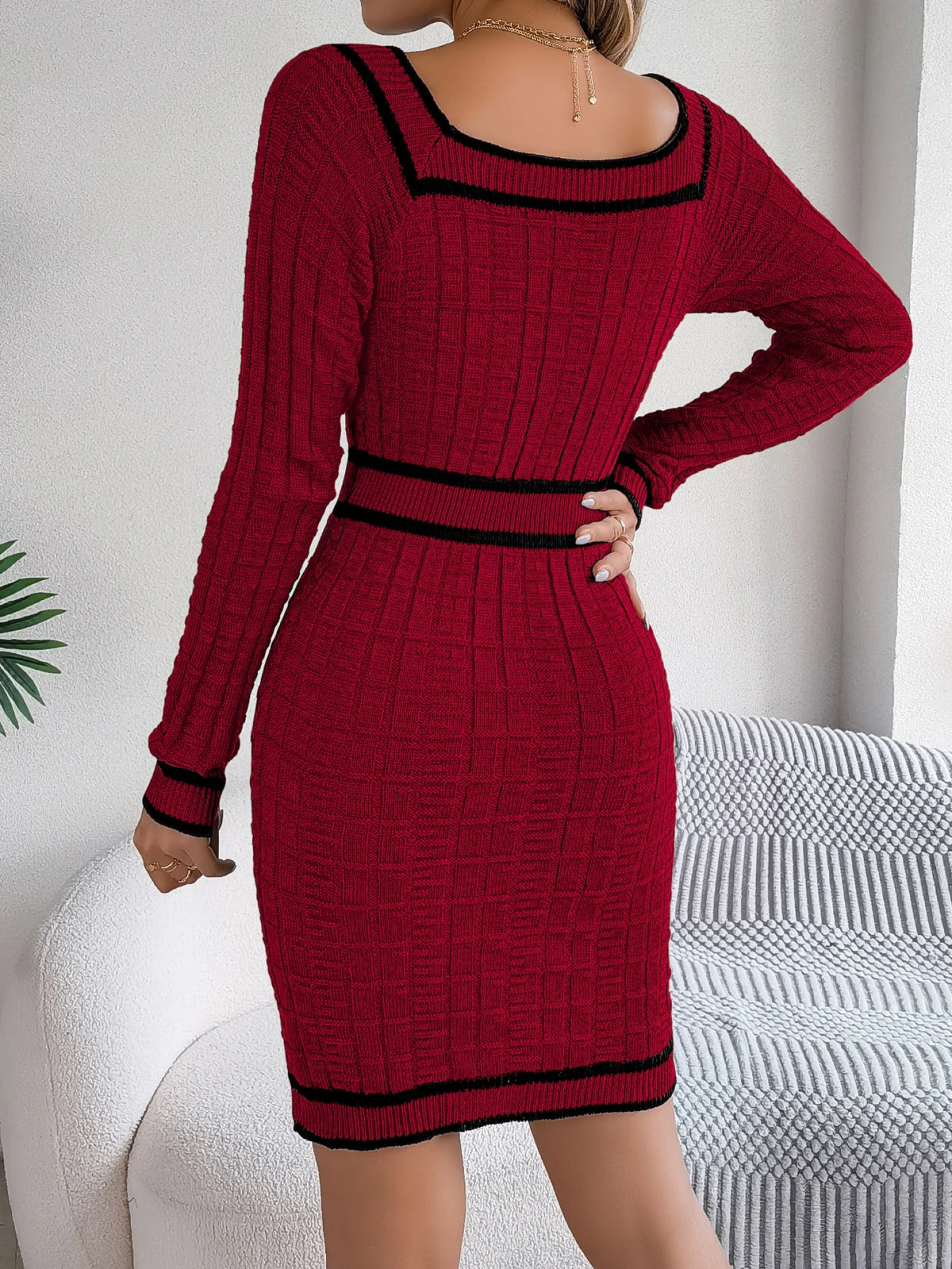 Autumn Winter Casual Elegant Square Collar Button Decoration Knitted Dress Long Sleeve Bodycon Dress for Women 2026 Fashion