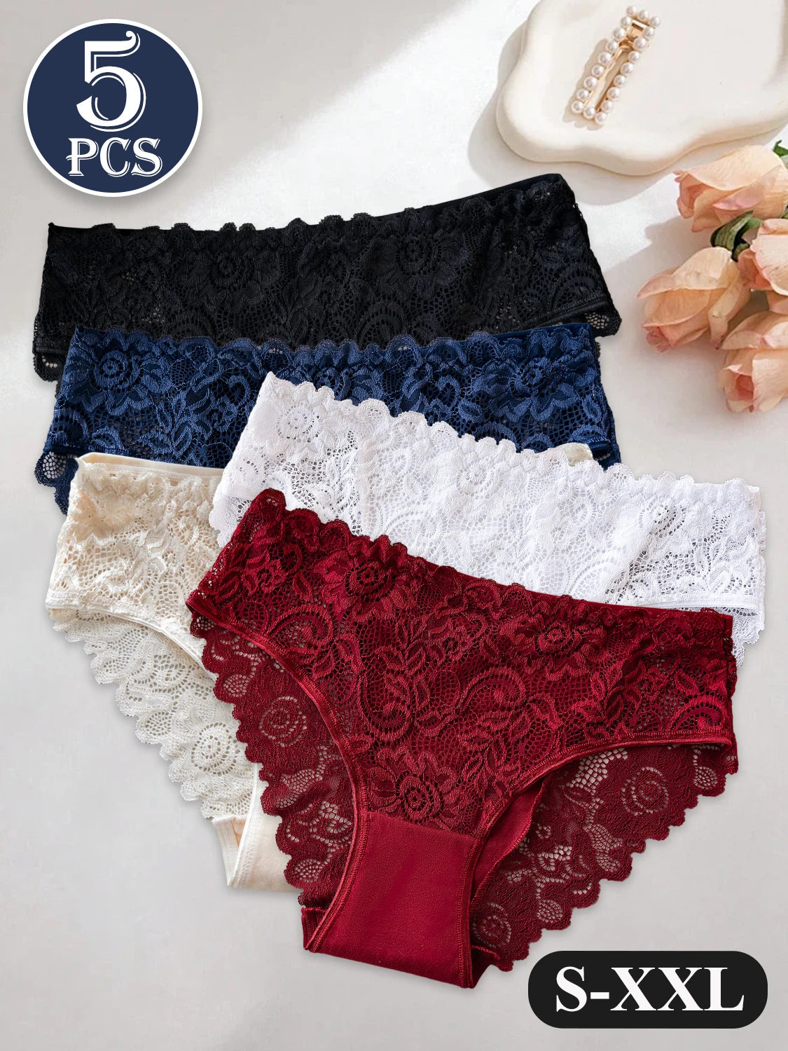 5PCS High End Lace Panties for Women Pure Cotton Crotch Breathable Sexy Briefs Solid Color Mid-Rise Everyday Underwear Lingerie