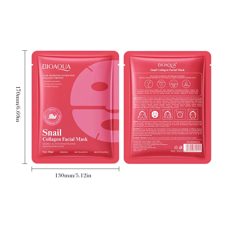 5pcs BIOAQUA Snal Collagen Facial Masks Moisturizing Anti-Wrinkle Whitening Anti-Aging Face Mask Collagen Masks Skin Care
