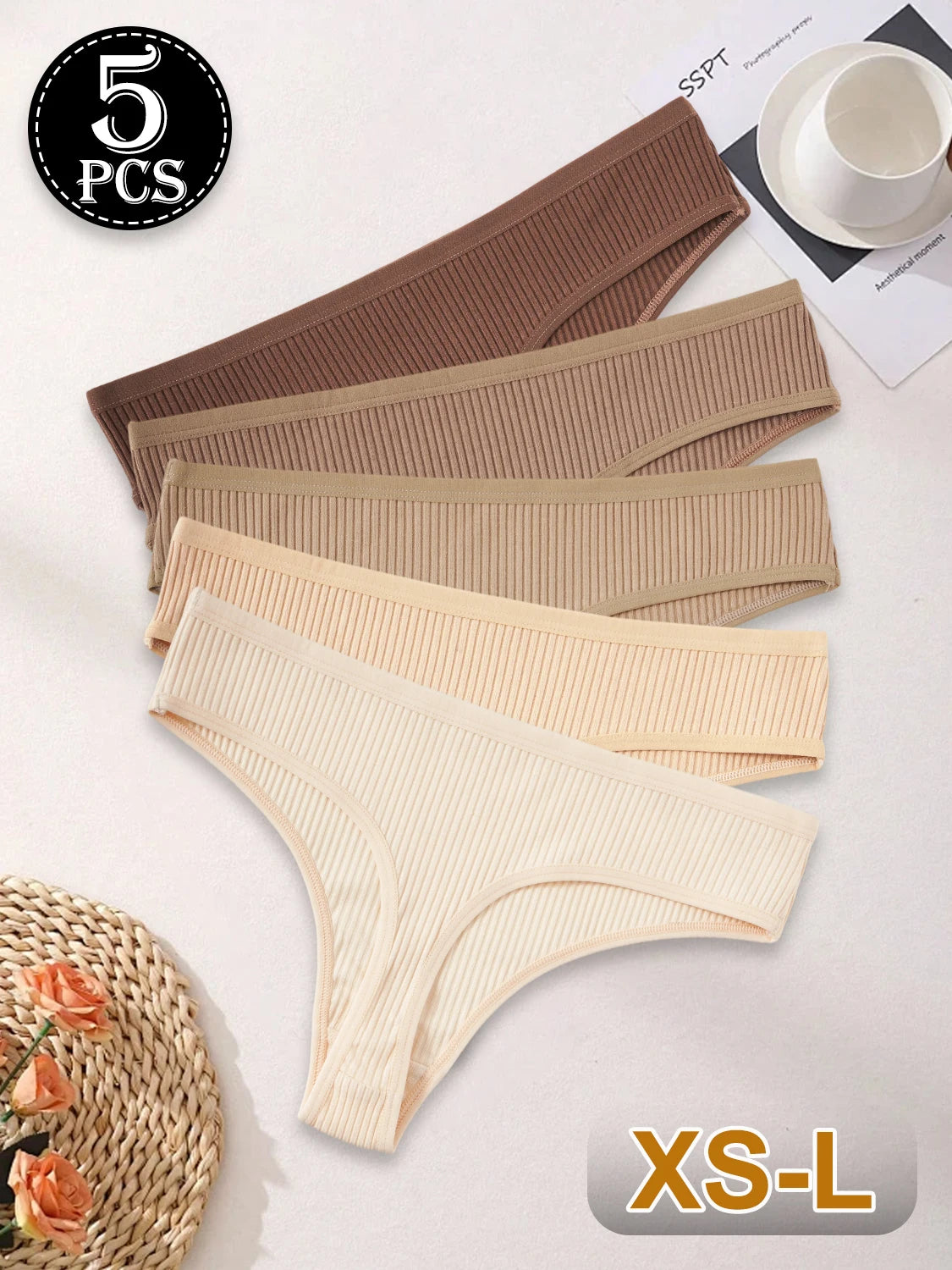 5PCS New Maillard Color Women's G-Strings Breathable Cotton Fabric Panties Sexy Low Waist Striped Thongs Female Bikini Lingerie