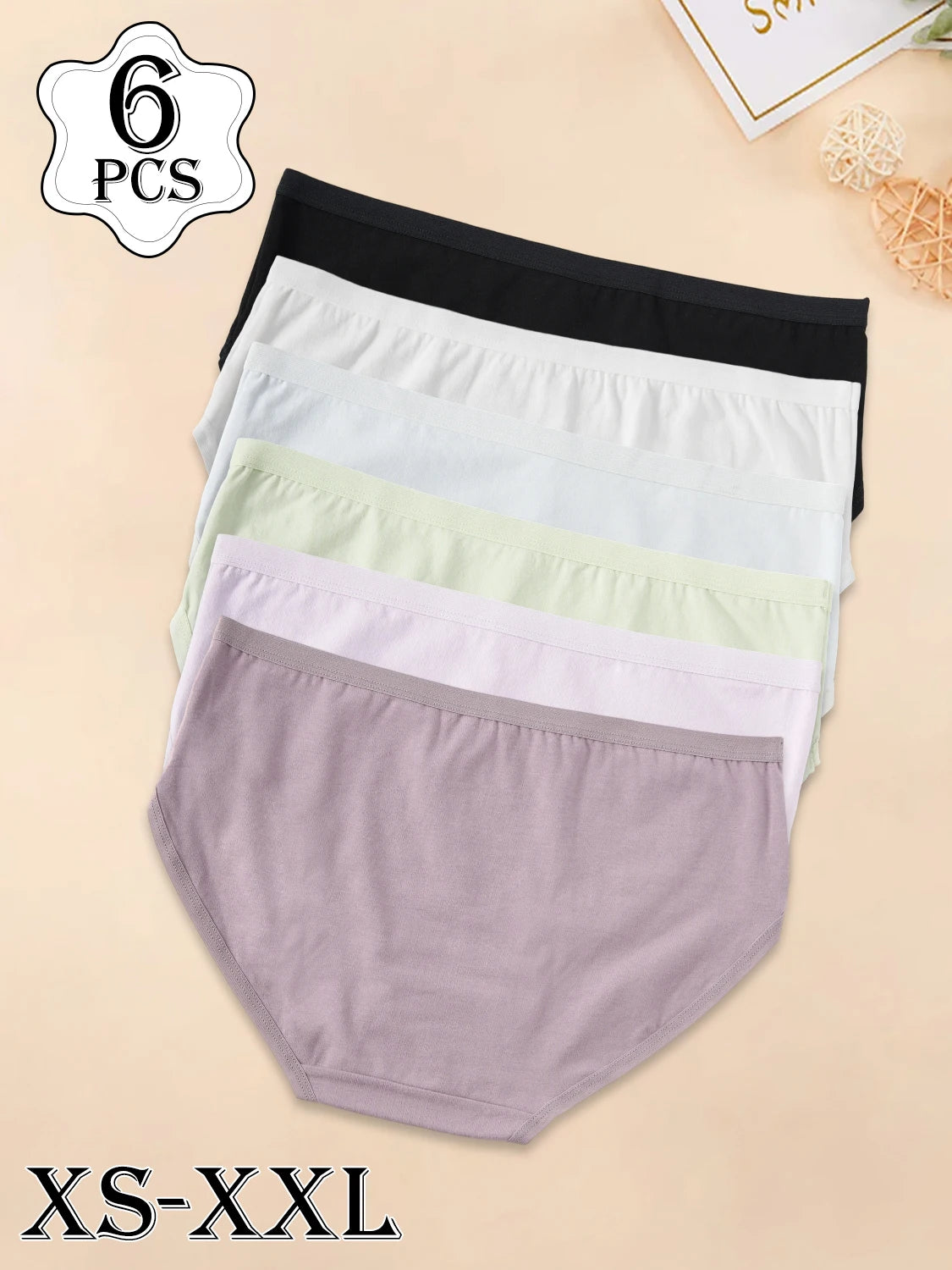 6PCS Women's Underpants Cotton Panties Solid Color Bowknot Design Briefs Simple Comfortable Breathable Female Lingerie Girls
