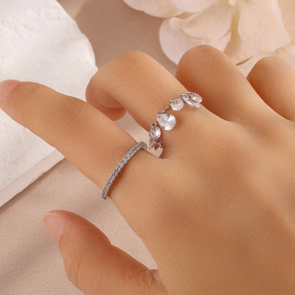ZAKOL 2pcs/set Minimalist Fashion Zirconia Water Drop Crystal Pendant Ring Women's Daily Wear Exquisite Finger Jewelry