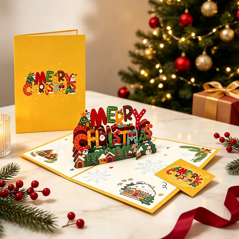 Christmas 3D Pop‑Up Greeting Card,Handmade Festive Xmas Pop‑up Card with Envelope,Merry Christmas Holiday Blessing Card forParty