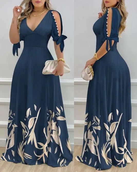 Women's V-Neck Maxi Dress – 2024 Spring/Summer Retro Style with Split Sleeves & Pearl Decor | فستان نسائي طويل بياقة V لربيع/صيف 2024 – تصميم كلاسيكي بأكمام مشقوقة وتزيين لؤلؤي