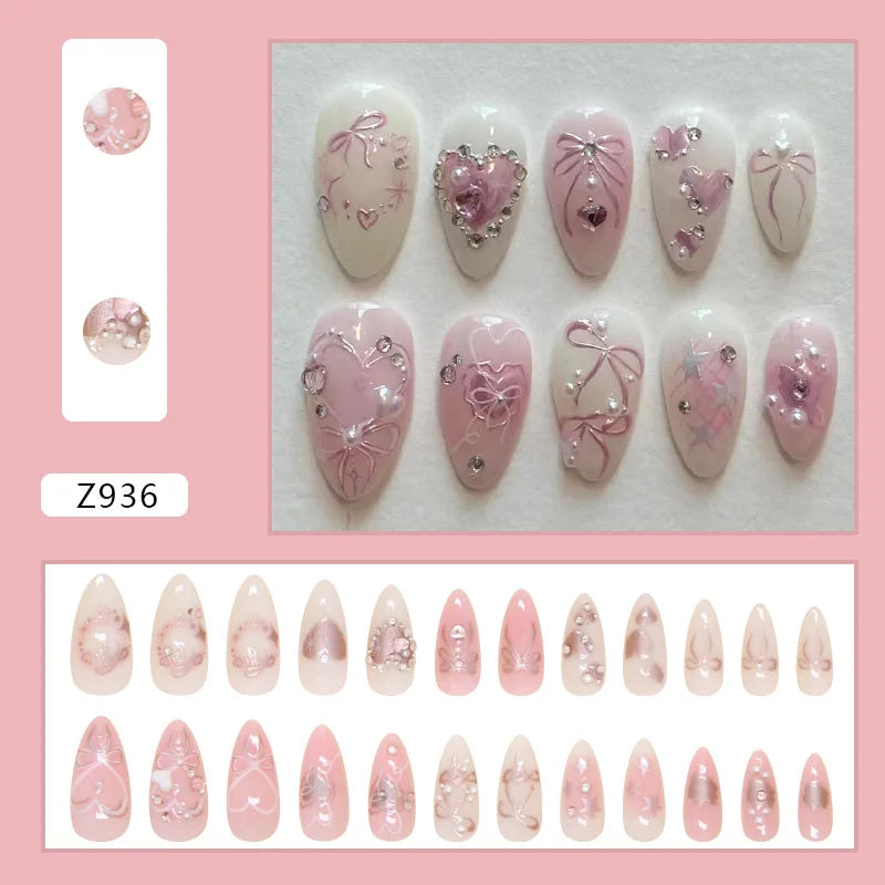 Sweet Pink Almond Press-On Nails with Bow & Heart – 24PCS