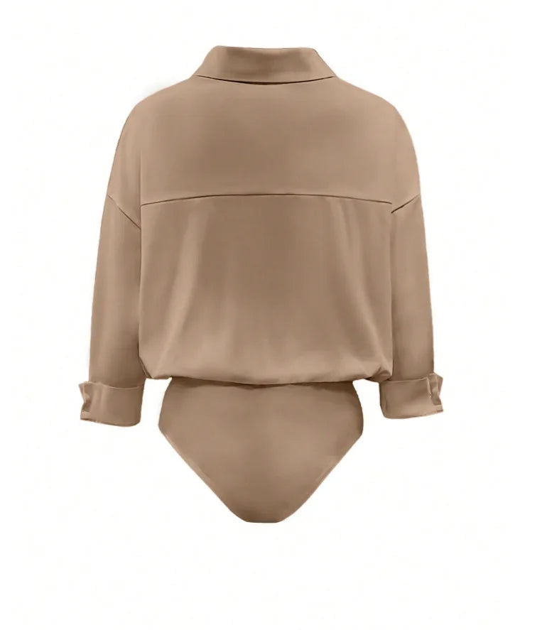 Women Shirt Bodysuit Oversized Boyfriend Half Sleeve Blouse Deep V Collar Bodysuit Shirts Elegant Office Lady Jumpsuit Top