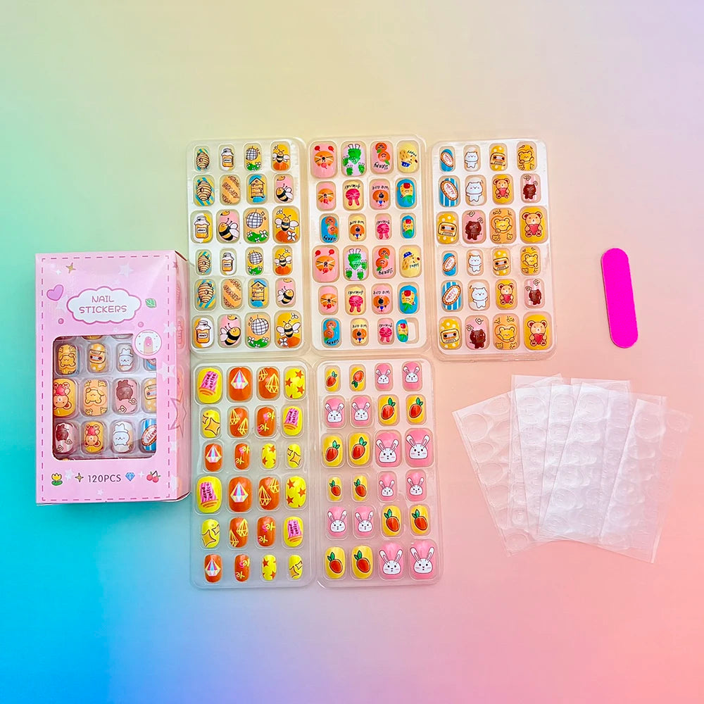 120Pcs Cartoon False Nails for Girls Kawaii Acrylic Short Square Full Cover Fake Nails Tips Kids Press on Nails with Jelly Glue