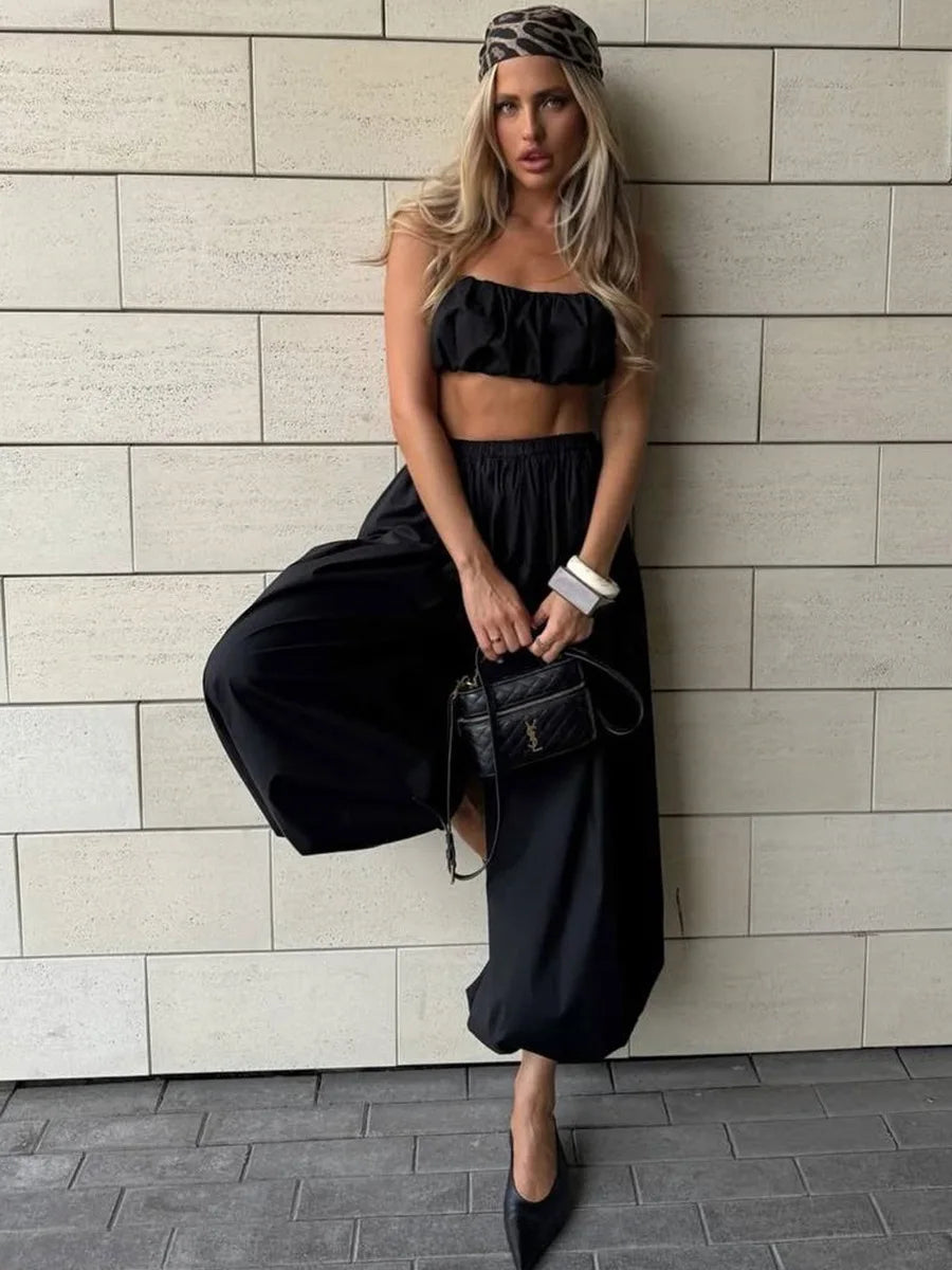 Y2k Fashion Pocket Bloomers Female Trousers Wide Leg Women Pants Pleated Loose High Waist Patchwork Bandage Streetwear