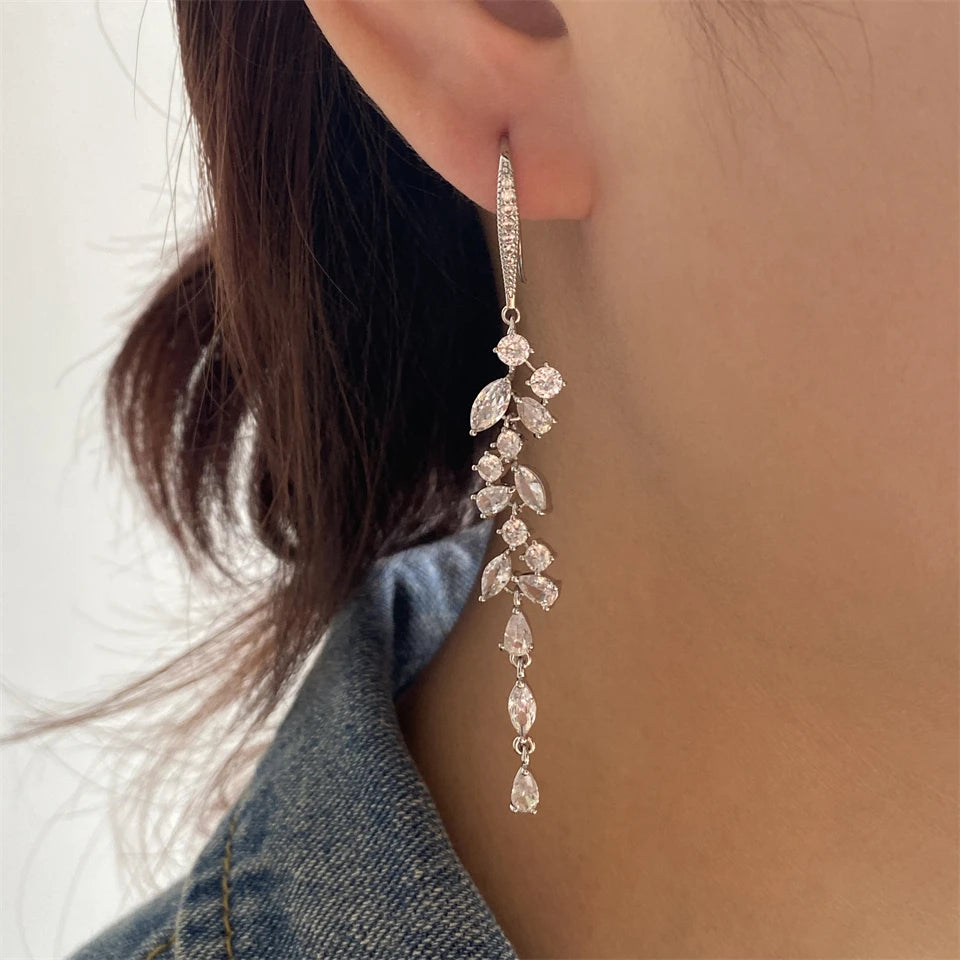 ZAKOL Fashion Cubic Zirconia Leaf Long Dangle Earrings for Elegant Women White Leaves Drop Earring Bridal Wedding Jewelry