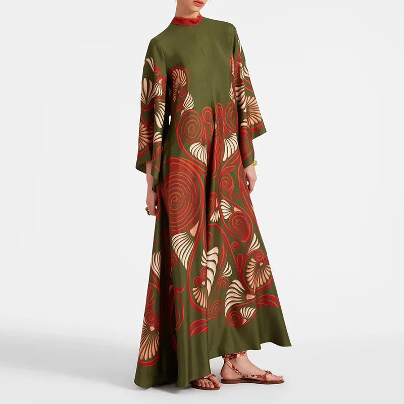 Elegant Stand Collar Printed Dress – High Waist Long Sleeve Casual Party Wear | فستان نسائي أنيق بطبعة وياقة عالية – خصر مرتفع وأكمام طويلة لإطلالة كاجوال أو حفلات