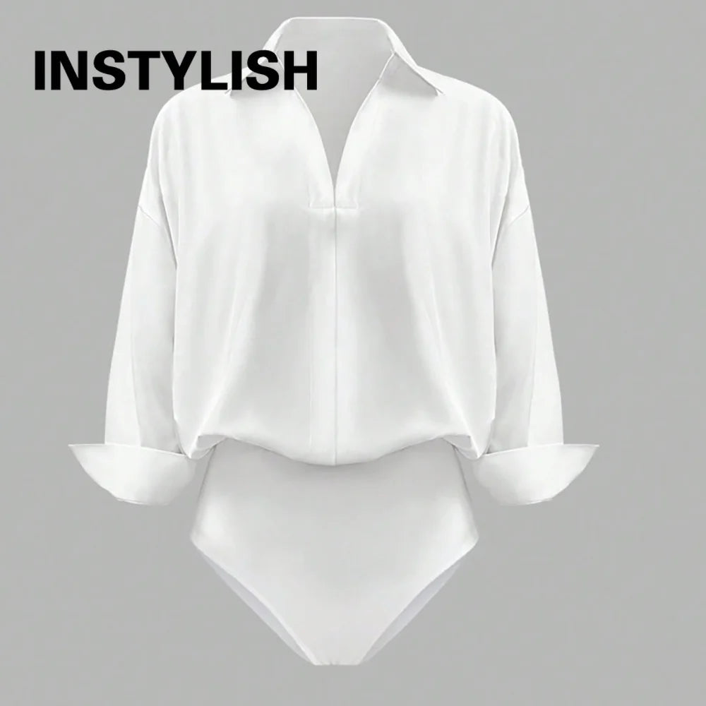 Women Shirt Bodysuit Oversized Boyfriend Half Sleeve Blouse Deep V Collar Bodysuit Shirts Elegant Office Lady Jumpsuit Top