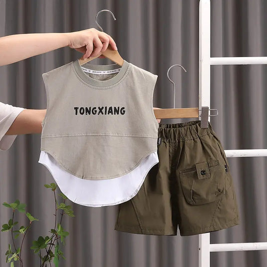 Summer Cartoon Print Baby Boys Girls Cotton Sport Letter Vest Shorts