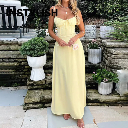 Women Summer Solid Spaghetti Strap Maxi Dress Tie Front Bust Corset Waist Long Dress Elegant Holiday Beach Party Casual Sundress