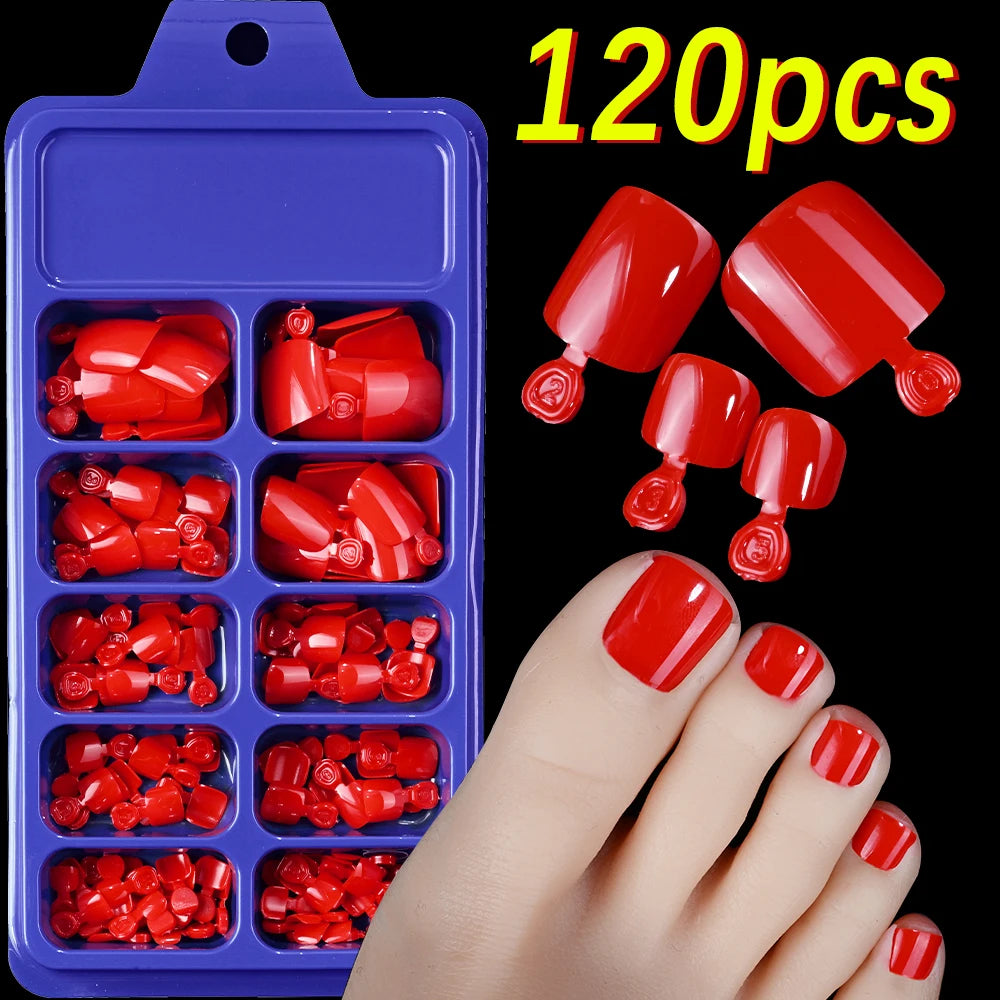 144/120Pcs Mixed Short Square False Toenails Acrylic Full Cover False Toe Nails Foot Nail Tips Extension Women Press on Toenails