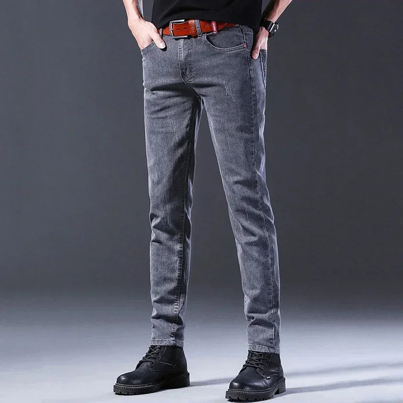 New Men Fashion Casual Business Denim Pants Male Slim Fit Straight Leg Trousers Stretch Solid Pants Size 27-38