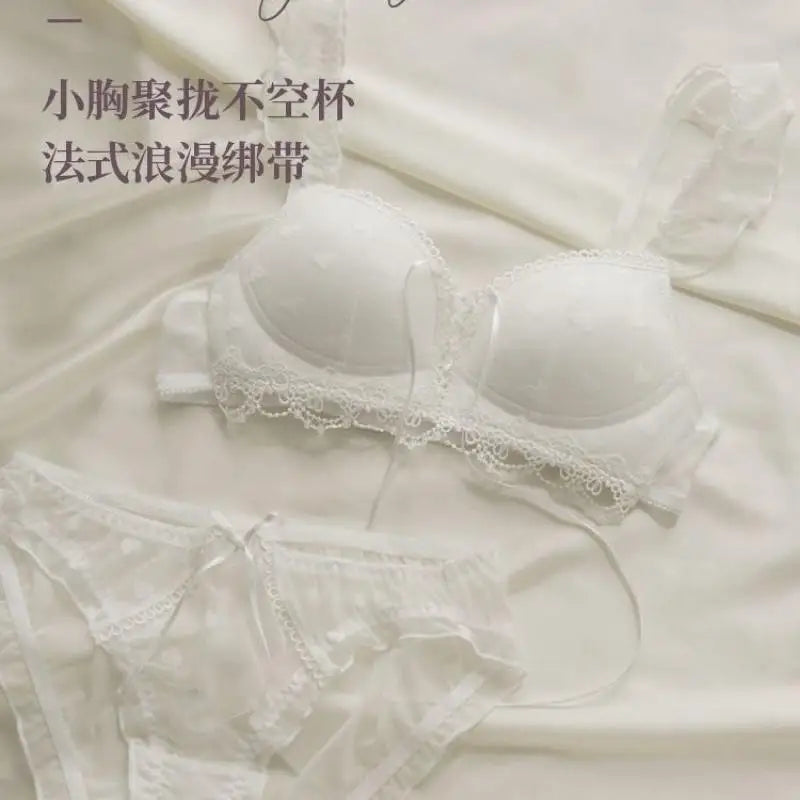 European Style Japanese Lingerie Set, Sweet Heart Pattern Bralette Small Breasts, Comfortable Wireless Anti-Sagging Bra & Brief