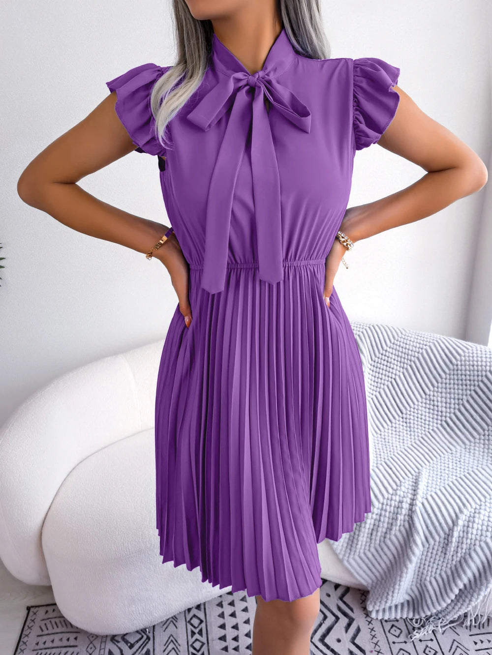 Elegant Bow Tie Pleated Dress 2026 Women Summer Solid Color Ruffles Short Sleeve Mini Dress Green Red Black Blue Woman Clothing