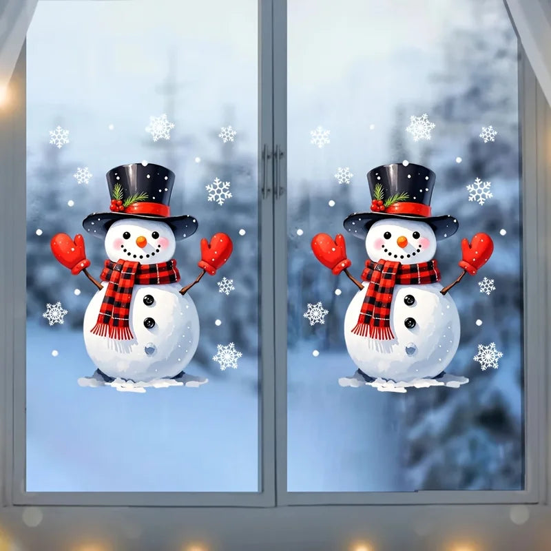 Christmas Window Cling, Static Sticker, Christmas Snowman, White Snowflake,Christmas Hat Elements Glass Sticker,for Home Windows