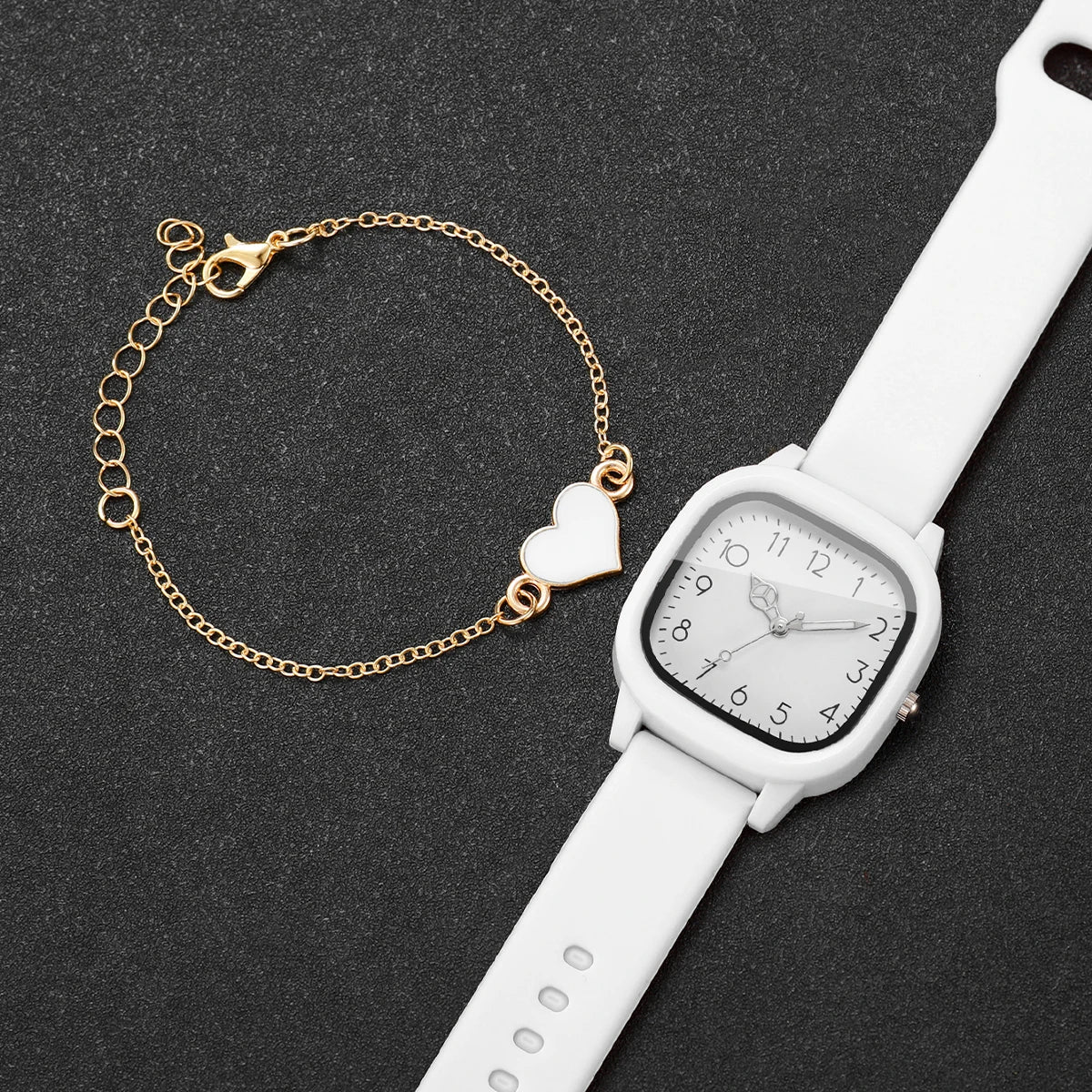 2PCS Fashion Women Watch Heart Bracelet Set Square Dial Silicone Strap Ladies Quartz Wristwatches Relogio Feminino (Without Box)